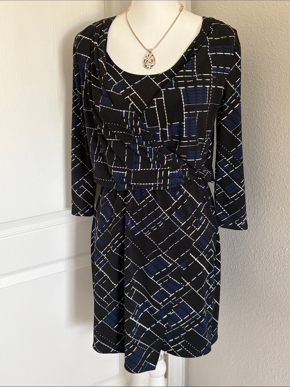 White House Black Market Black & Navy Geometric Wrap Dress